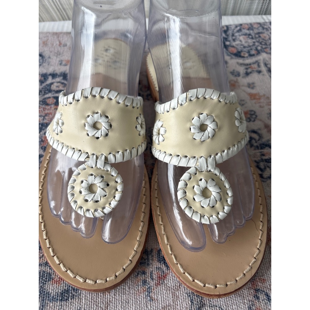 Jack Rogers Jacks Flat Sandal Cream White Leather Whipstitch Thong Size 8M - Picture 2 of 9